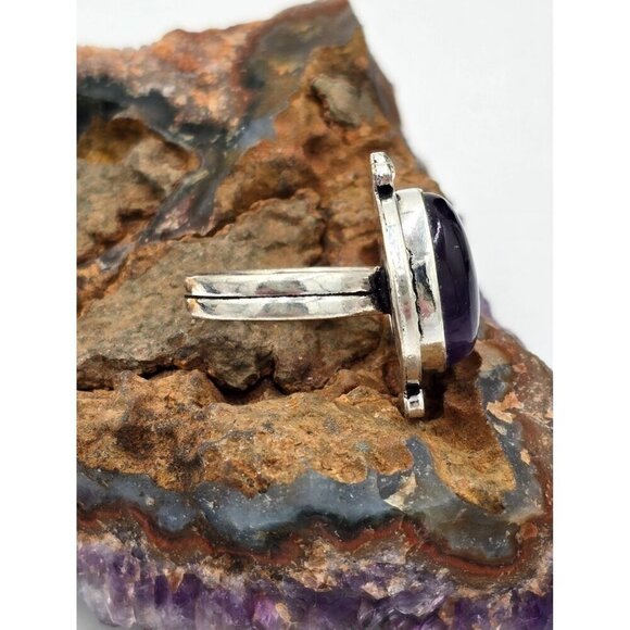 925 Sterling Silver Plt Oval Cabochon Amethyst Ring Sz 6 Bezel Southwest Jewelry - Picture 5 of 6